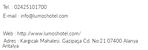 The Lumos Deluxe Resort & Spa telefon numaralar, faks, e-mail, posta adresi ve iletiim bilgileri